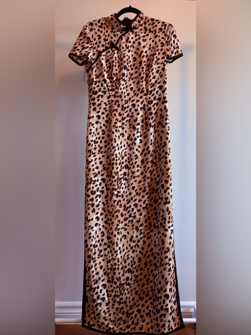 Leopard-Print Maxi Dress in Tan and Black with Mandarin Collar